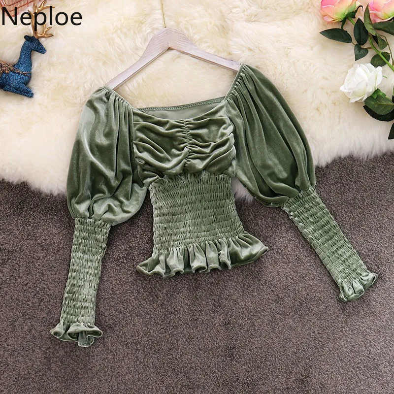 Neploe ретро-фонарь с длинным рукавом, короткая блузка для женщин с вырезом лодочкой, приталенная плиссированная блузка, осенняя Сексуальная Однотонная рубашка, топ 46922