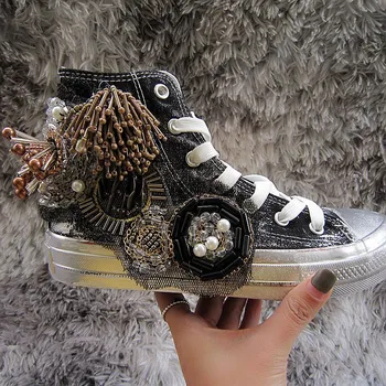 

Original new self - made handmade beaded hip - hop doodle canvas high - up shoes casual women's dirty shoes.