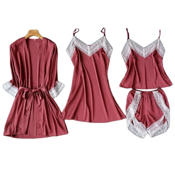 

4 Pieces Women Lace Hemming Lace Cuff Elegant Silk V-Neck Pajamas Sets Sexy Sleepwear Lace Up Robe Nightwear Nightclothes New