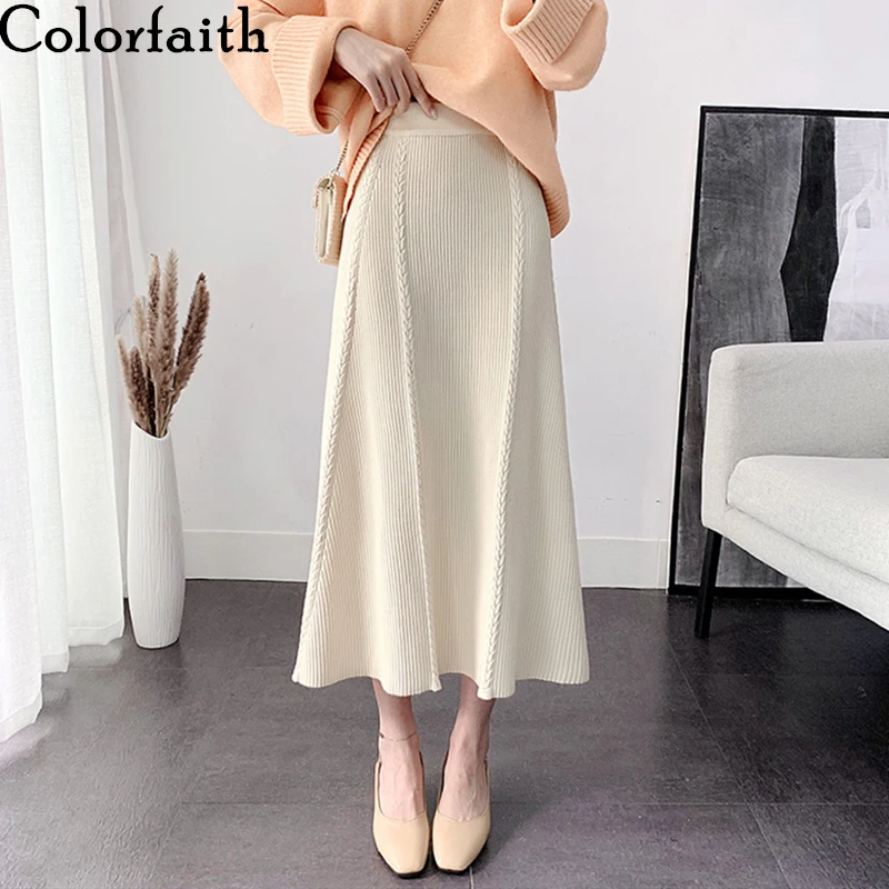 Colorfaith/2019 Женская осенне-зимняя Юбка-миди до середины икры, эластичная юбка в Корейском стиле, Модная элегантная юбка SK9127