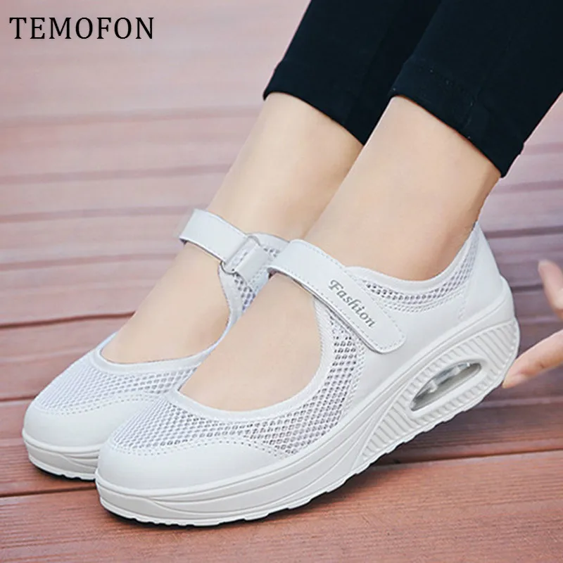 TEMOFON/женские кроссовки; обувь на платформе; женская дышащая повседневная обувь; обувь из вулканизированной сетки; черные женские кроссовки без застежки; HVT654