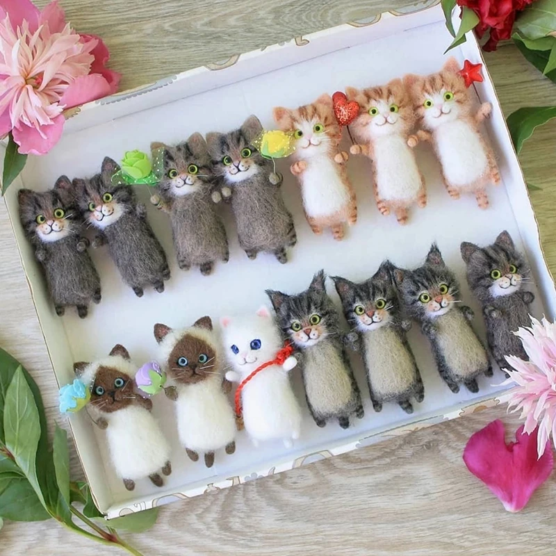 Unfinish Fashion Siamese Hawksbail Tabby Civet Cat Kitty wool doll women handmade needle felt kit package 1Kit for kids