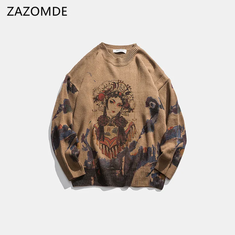 ZAZOMDE Casual Men Sweater O neck Beijing Opera Pattern Pullovers  Knittwear Autumn Sweaters Mens Loose Pullovers Men