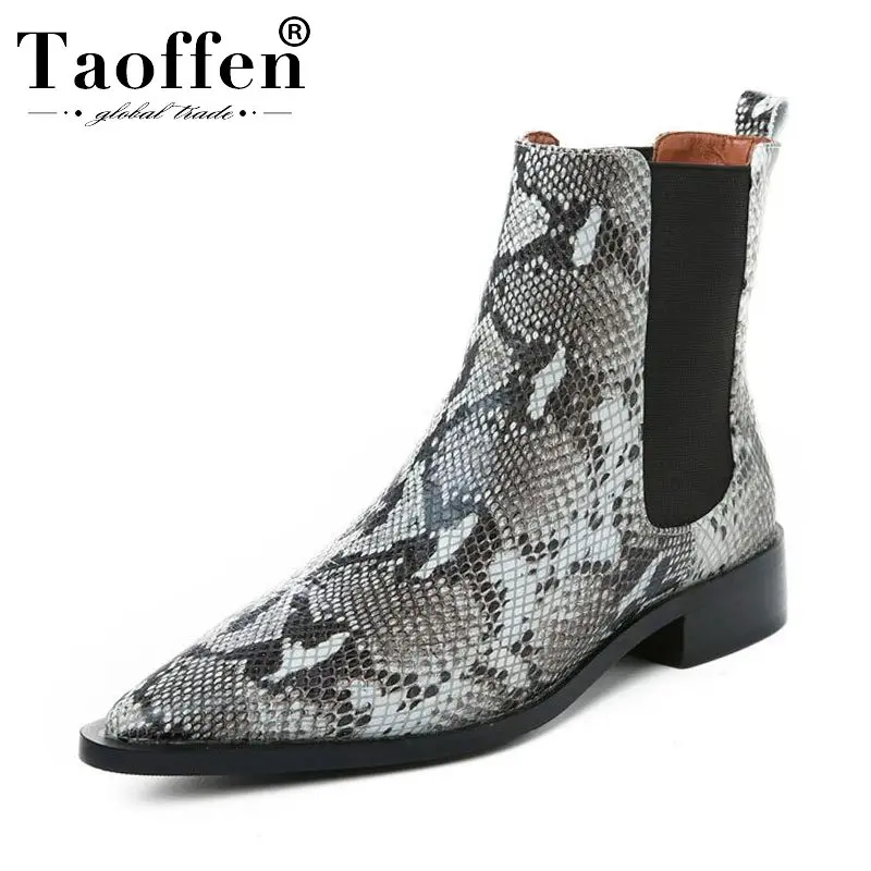 

Taoffen Ladies Ankle Winter Chelsea Boots Real Leather Shoes Pointed Toe Low Heel Snakeskin Pattern Footwear Size 33-43
