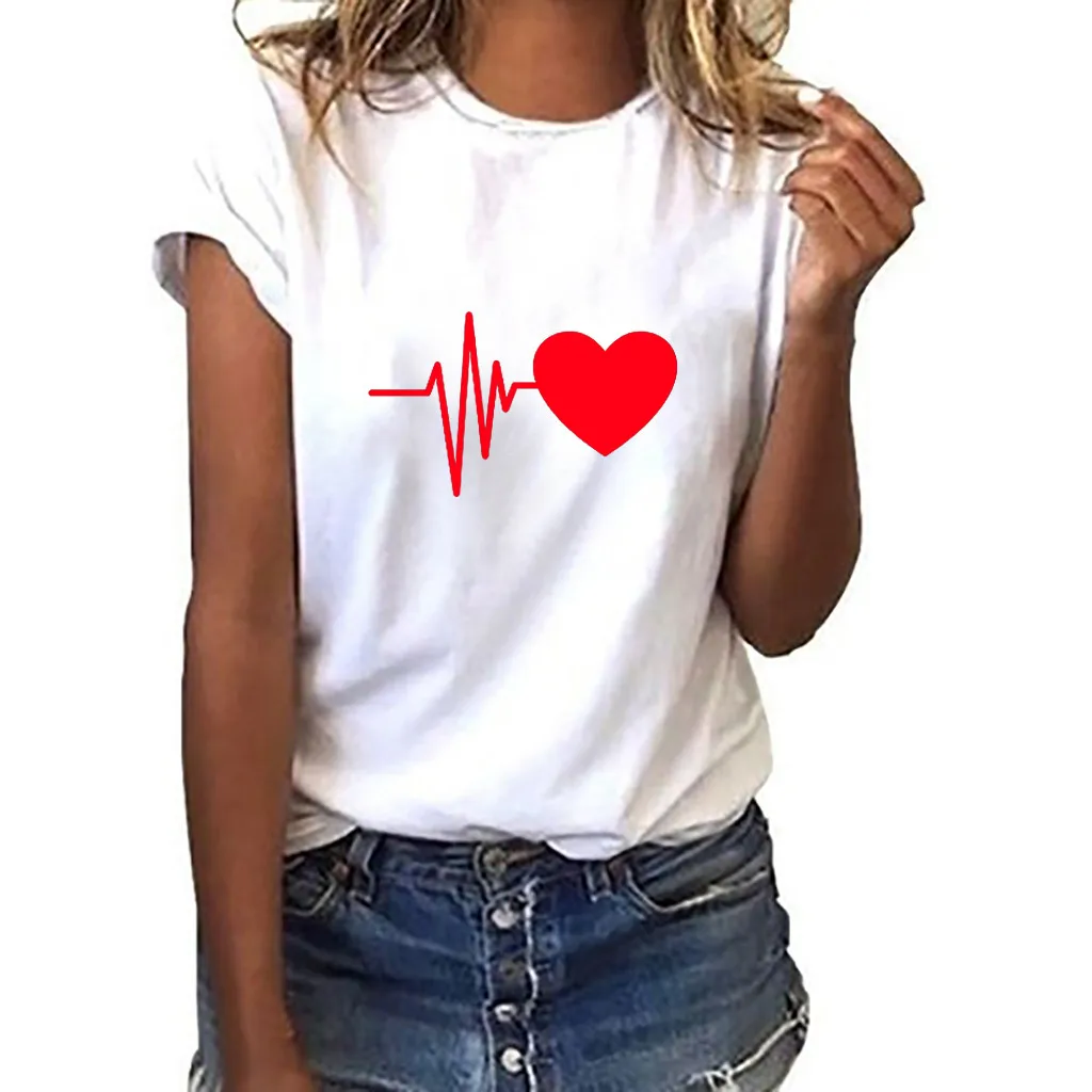 Women's T-shirt retro T-shirt ladies Basic Harajuku short-sleeved heart-shaped printed T-shirt casual O-neck top shirt ropa muje