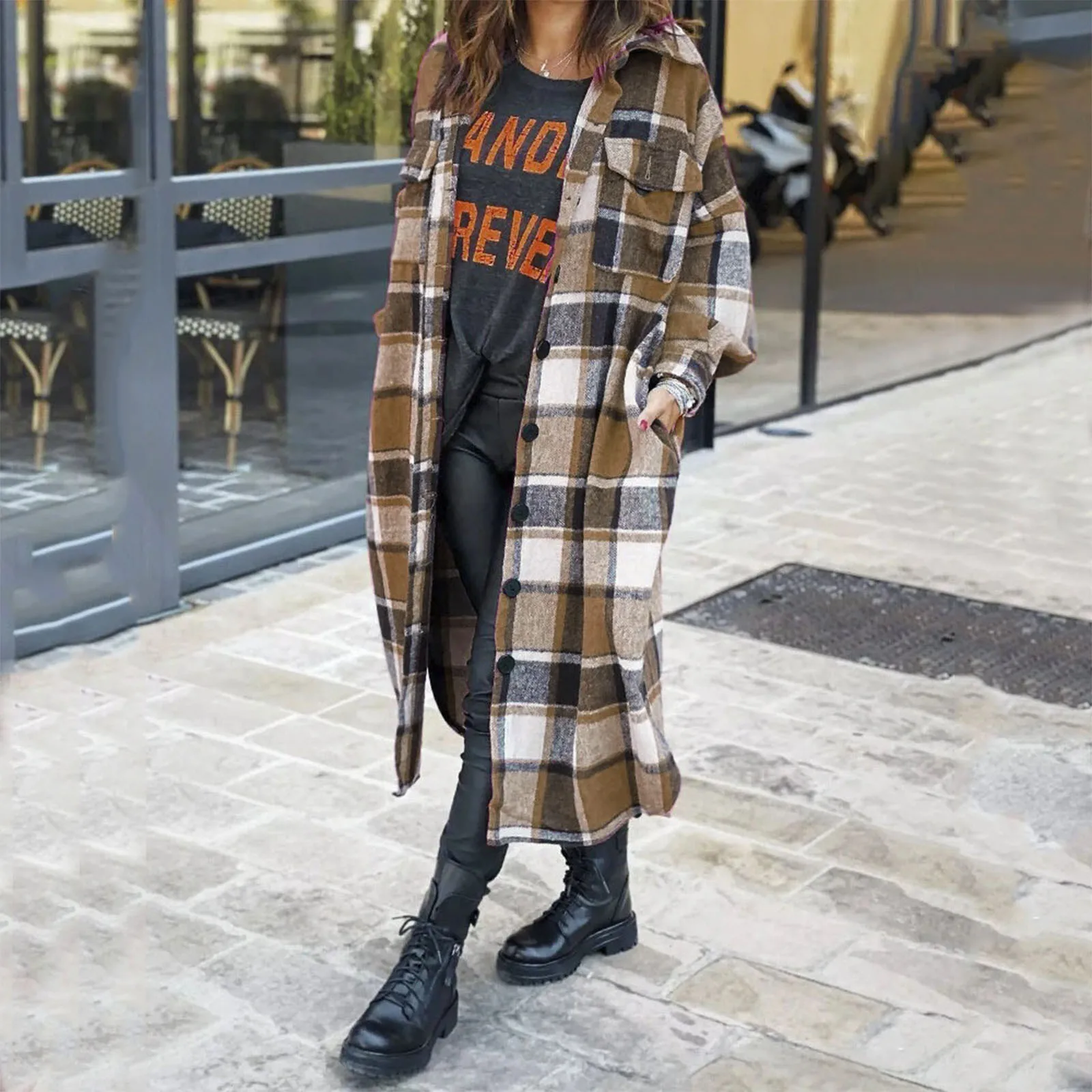 Midi Plaid Print Plus Size Coats And Jackets Women Long Sleeve Button Pocket Tops Outwear Vintage Fashion Women's Clothing 2