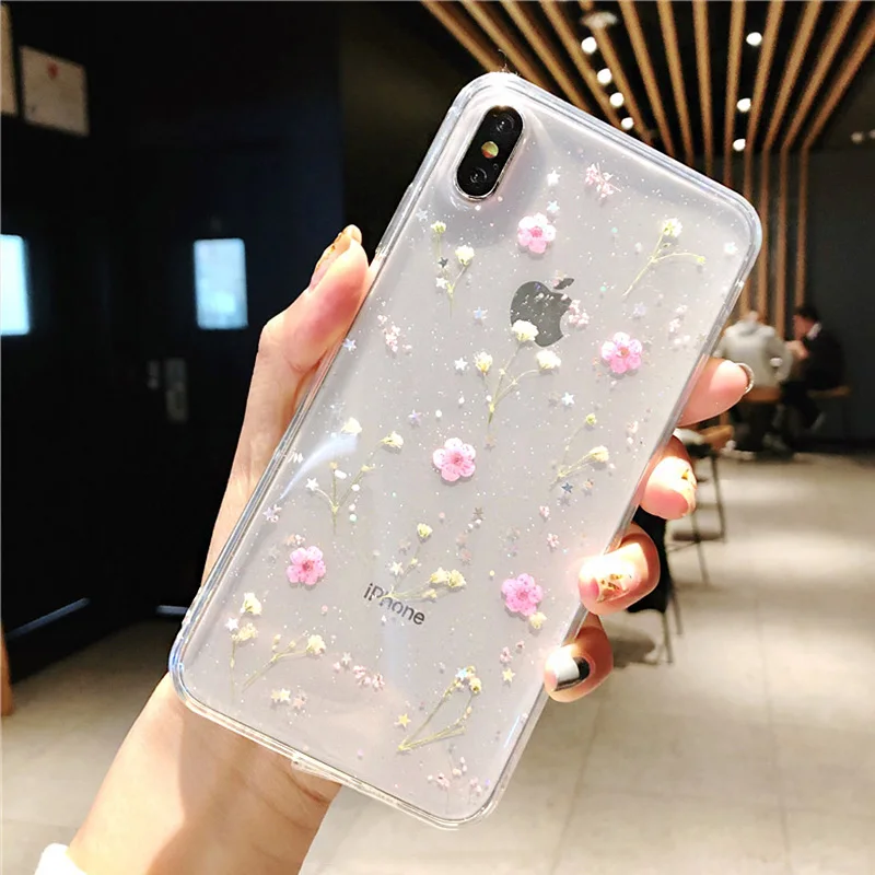 

Real Flowers Dried Flowers Transparent Soft TPU Cover Case For iPhone X 6 6S 7 8 plus Clear Floral Phone Case For iphone XS Max