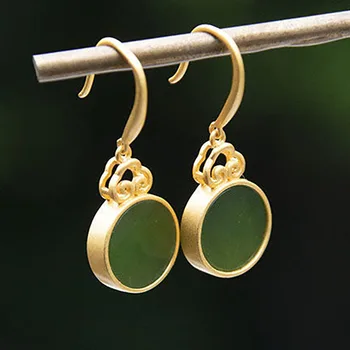 

SNewsilver inlaid natural Hetian jade mirror round earrings niche design cool style temperament high sense women's brand jewelry