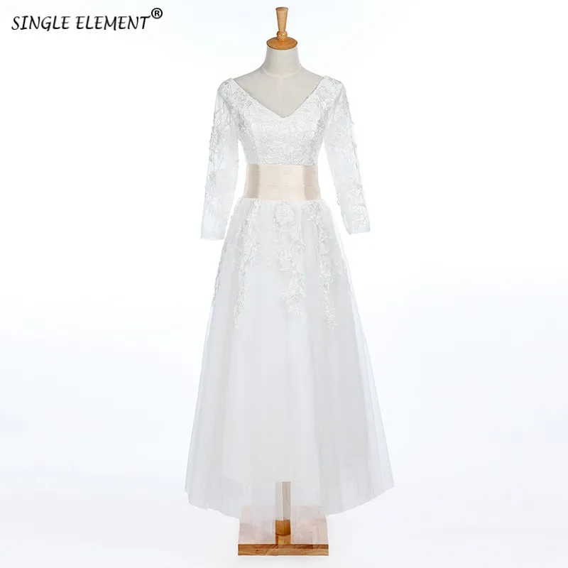 

SINGLE ELEMENT Simple Wedding Dress With Sleeve Lace Up Back