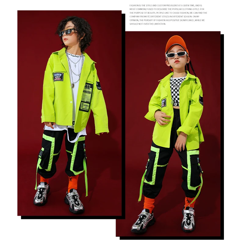 Autumn Hip Hop Dance Clothes Kids Green Tops Boys Hip Hop Pants New Girls Jazz Dance Clothing Ballroom Performance Costume BI208