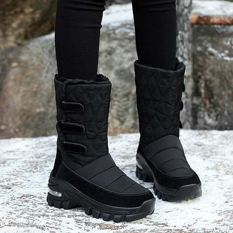 NEW Women's Winter Warm Mid Calf Boots Hook Loop Patent Leather Quilted Shoes 