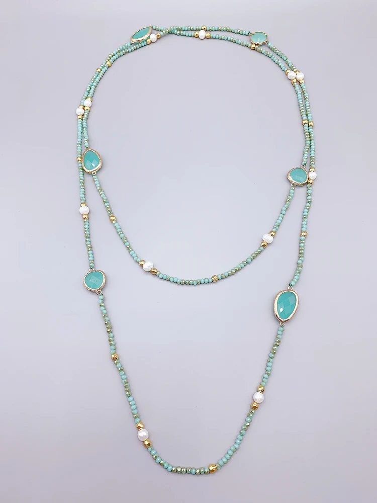 Faceted Cut Irregular Aqua Quartz Long Necklace With 5-6mm White Freshwater Pearls 2mm Crystals And Hammered Gold Beads 50 Inch