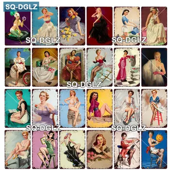 

[SQ-DGLZ] 90s Pinup Metal Plate Tin Sign Plaque Vintage Pub Decor Metal Sign Metal Sexy Girls Poster Home Decoration Art Custom