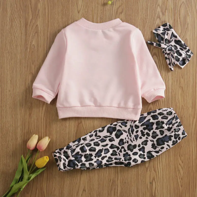 Focusnorm/Новая модная осенняя одежда для маленьких девочек, 3 предмета футболка с леопардовым принтом топы, длинные штаны, комплект одежды