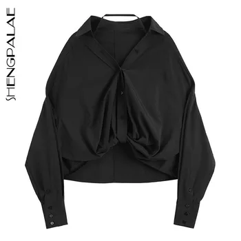 

SHENGPALAE 2020 New Spring Winter V-collar Long Sleeve Black Big Size Irregular Hem Split Joint Shirt Women Blouse Fashion JL746