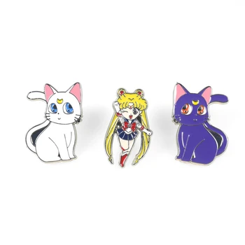

Sailor Moon Badge Tsukino Usagi Cartoon Anime Alloy Badge Beautiful Girl Black Cat White Cat Brooch Glue Plating
