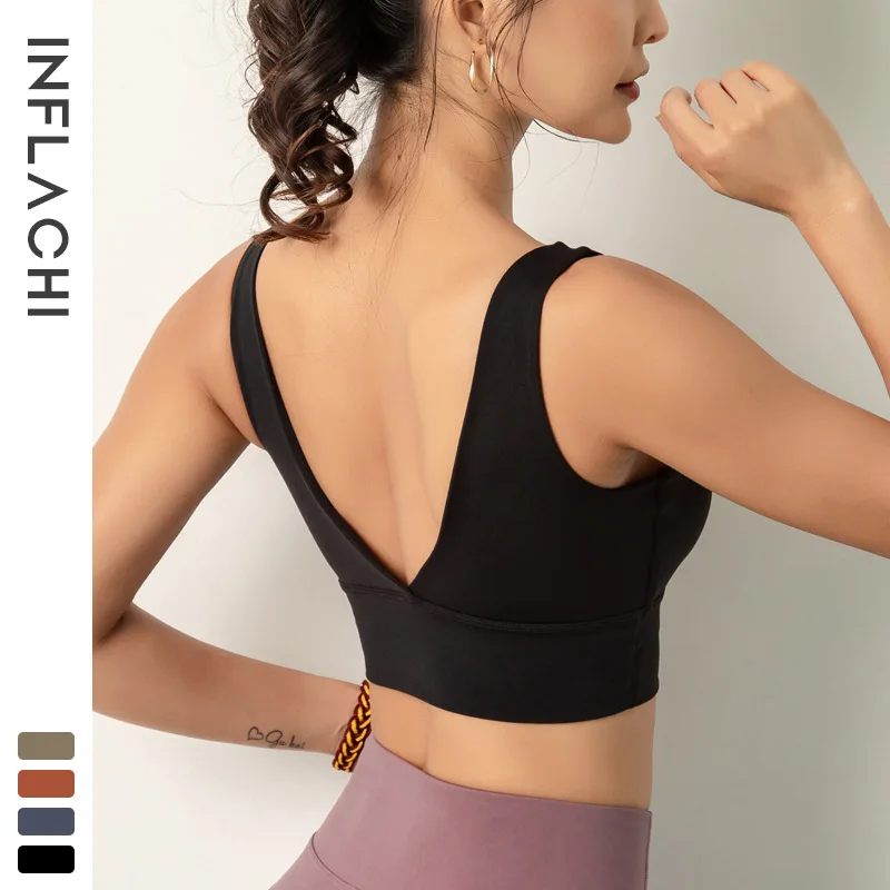 

Back Sexy Deep V Women High Impact Quakeproof Sports Bra Workout Running Bra Vest Style Gym Yoga Brassiere