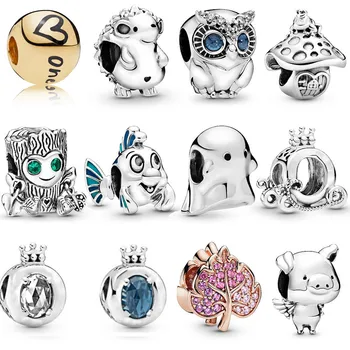 

100% 925 Sterling Silver Original Pandoras Sparkling Owl Dinosaur Crown Heart Charm Beads Women Bracelet Bangle DIY Jewelry Gift