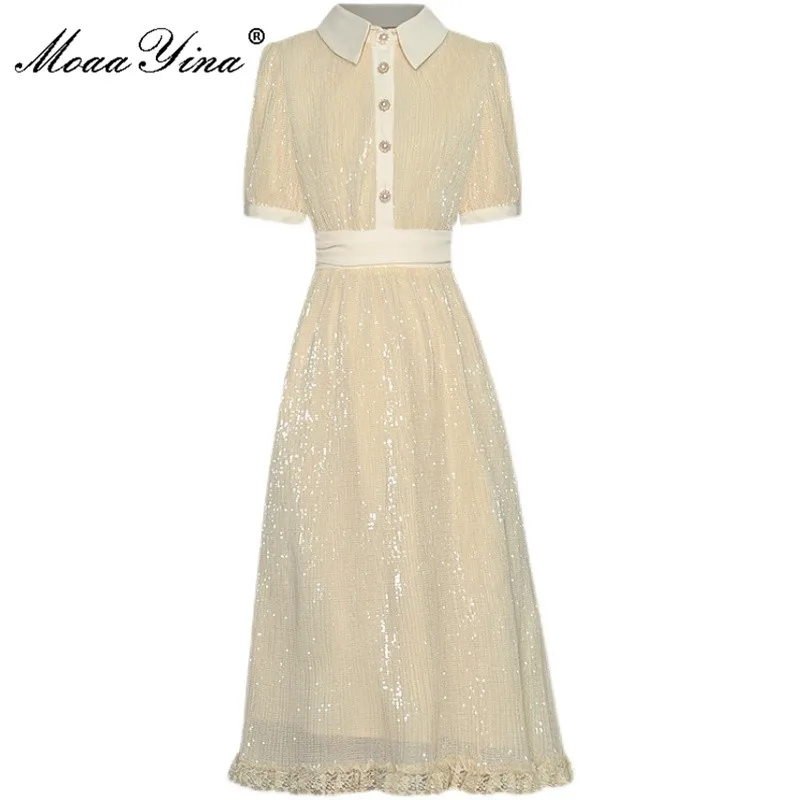 

MoaaYina Fashion Designer Spring dress Women Polo Collar Short Sleeve Single Breasted The Waist Thin Grace Casual Apricot Dress