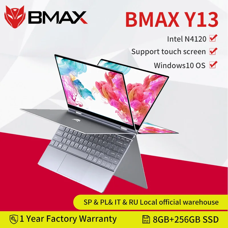 Portátil convertible 2 en 1 BMAX Y13, pantalla táctil de 13.3 FHD (1.920x1.080) IPS, Intel Celeron N4120, 8GB RAM, 256GB SSD, UHD Graphics 600, Windows 10, ultraligero, WiFi dual
