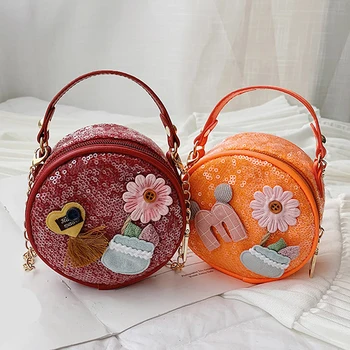 

Fashion PU Sequins Flowers Children's Messenger Bag 2019 Summer Girl Crossbody Bag Small Round Package Female Shoulder Bags