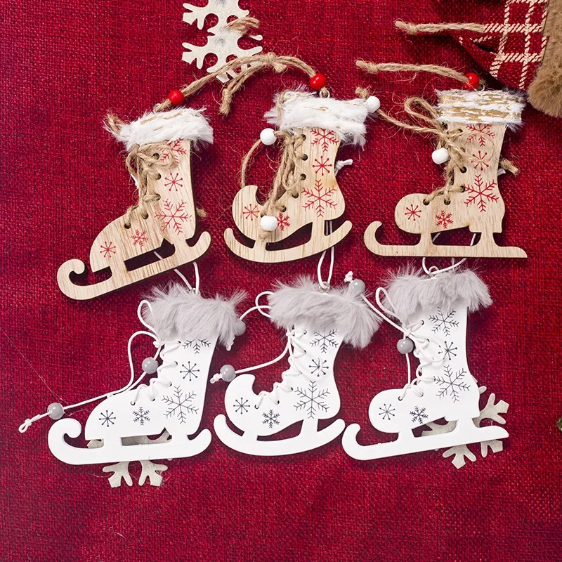 

NEW 3PCS Wood Christmas Ornaments Colour Printing Christmas Skating Shoes With Burlap Rope Xmas Tree Hanging Pendants