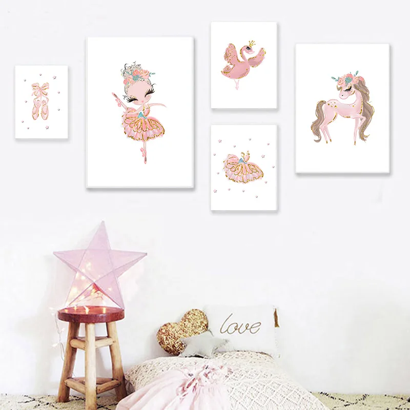 

Unicorn Swan Ballerina Picture Ballet Princess Nursery Poster Wall Art Canvas Print Painting Nordic Baby Kid Bedroom Decoration