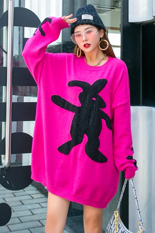 QING MO Red Diamond Rabbit Print Sweater Women