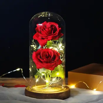 

LED Eternal Flower Double Rose in Dome Light Up Beauty and The Beast Rose In A Flask Valentine's Day Birthday Christmas Day Gift