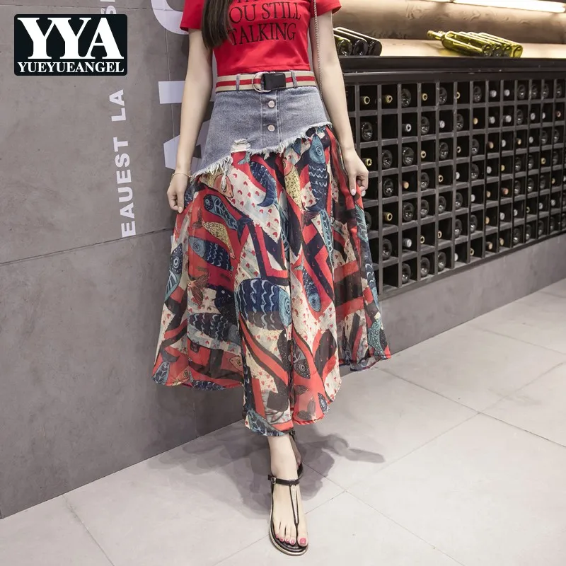 Женская джинсовая юбка с цветочным принтом длинная трапециевидная высокой