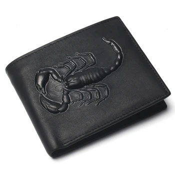 

Men Short Wallet Scorpion Carving Pattern Pure Black Color Cheap 100% Genuine Leather Wallet For Man Coin Purse Card Holder