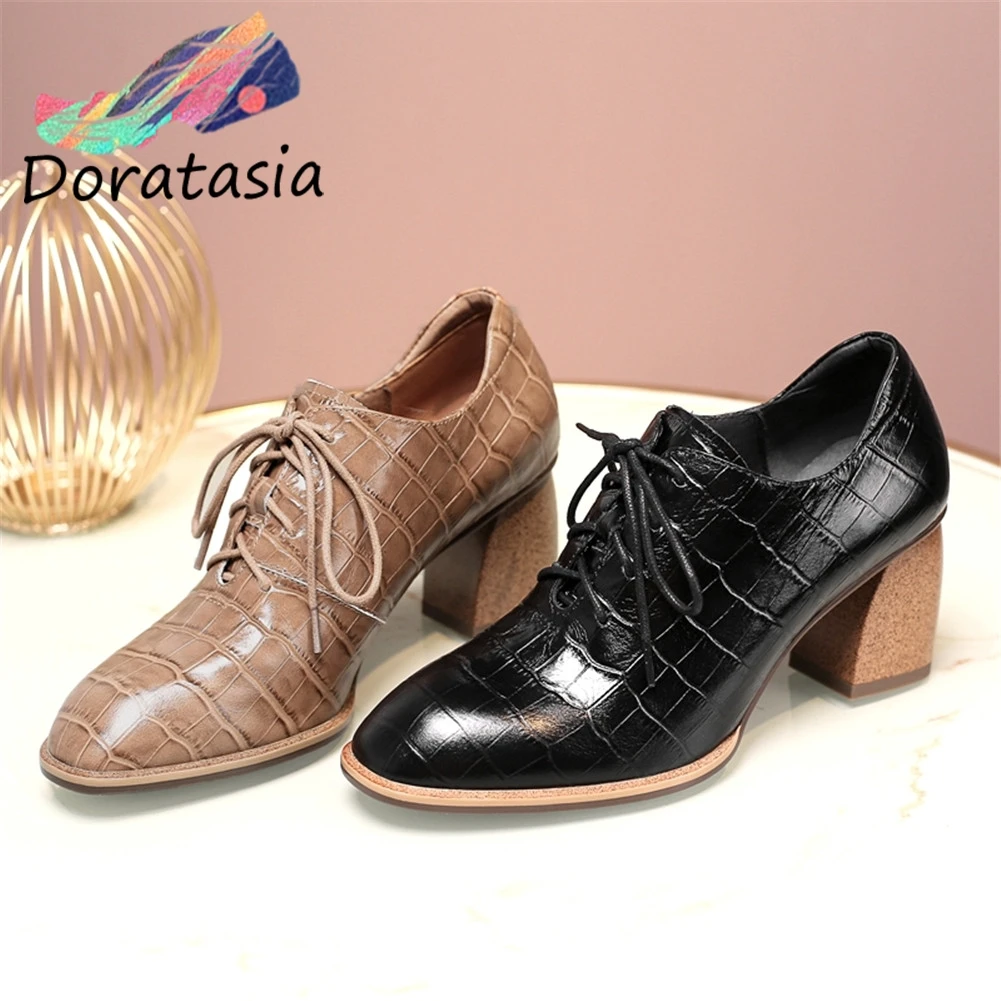

Brand New Big Size 34-42 women's Genuine Leather Ladies High Heels Lace Up Shoes Woman Casual Party Ol Autumn Pumps