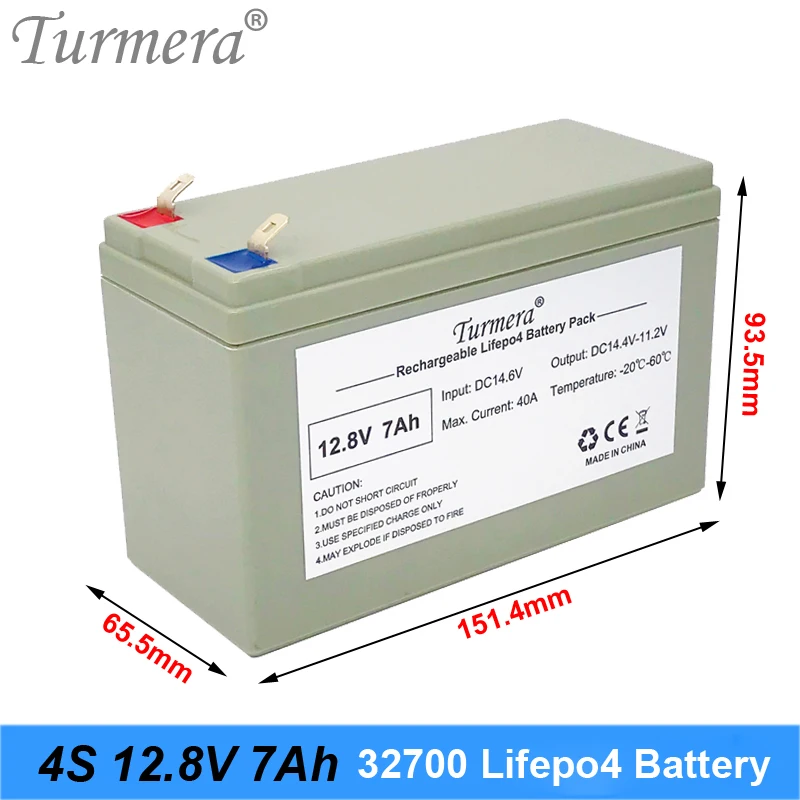 Turmera 32700 Lifepo4 Battery Pack 4S1P 12.8V 7Ah with 4S 40A Balanced BMS for Electric Boat and Uninterrupted Power Supply 12V 09