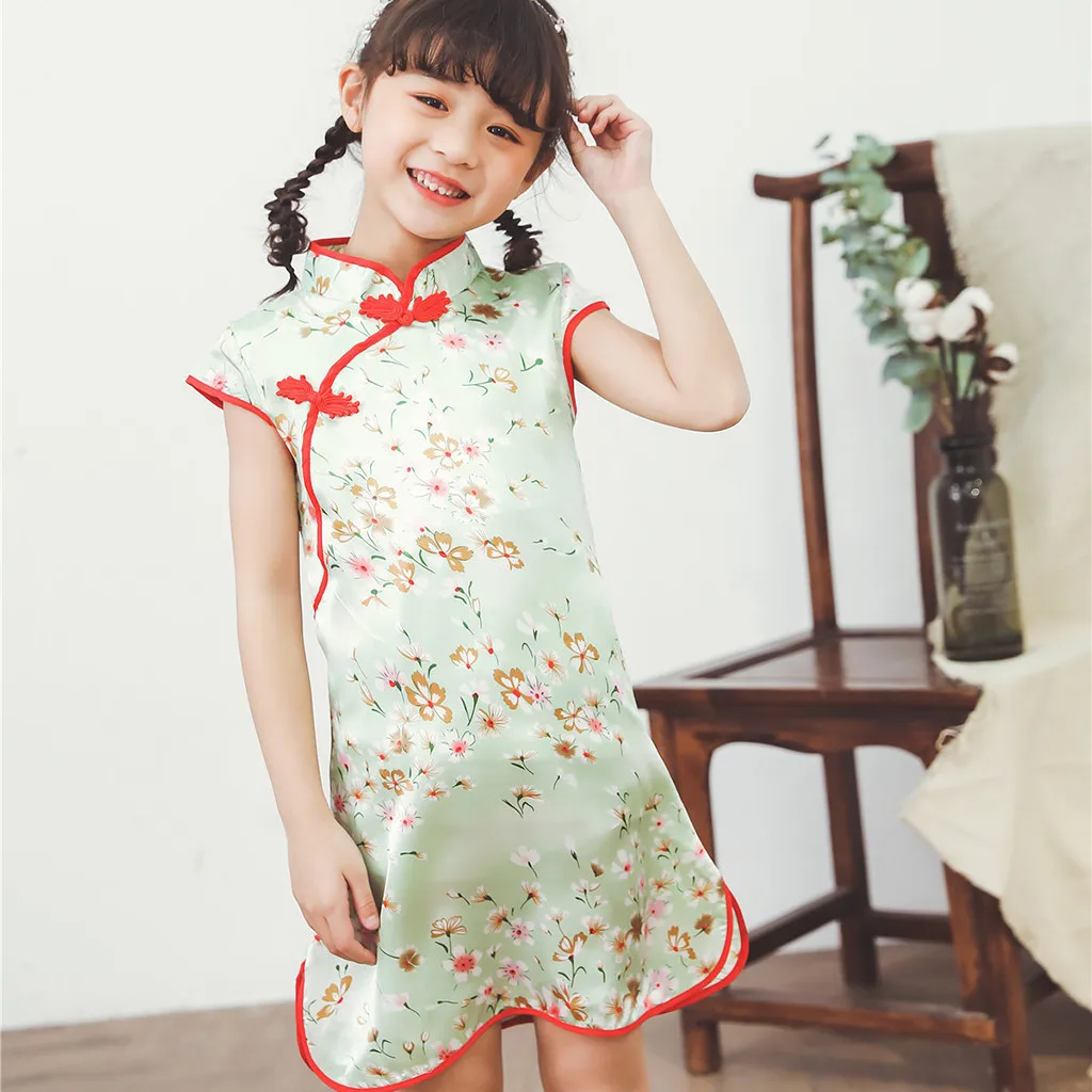 Китайское платье для маленьких девочек От 2 до 8 лет без рукавов Cheongsam одежда на