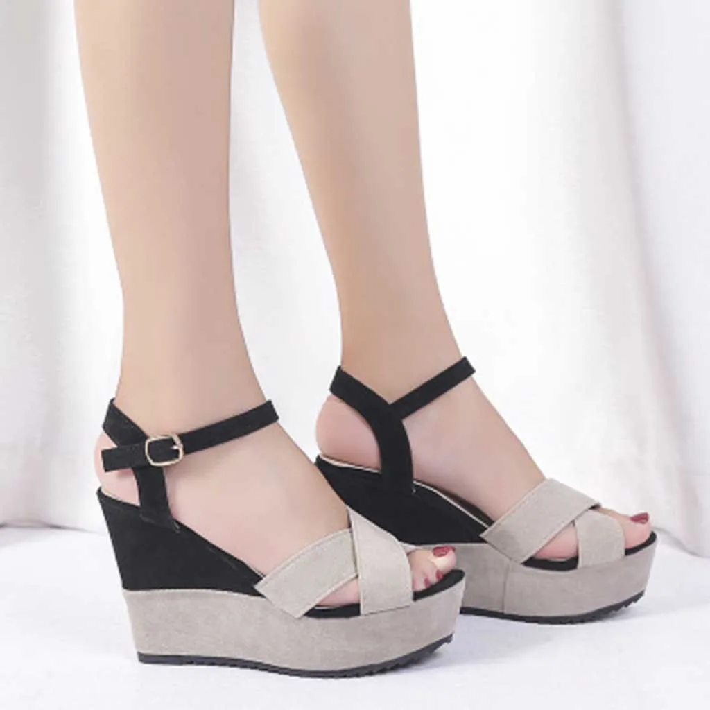 

Women High-heeled Sandals Lady Mixed Colors Buckle Peep Toe Wedges Casual Loafers Sandals Shoes Fish Mouth Wedge Buckle Sandals