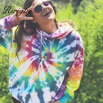 

Hoodies Multicolor Casual Women Drawstring Hooded Sweatshirt 2019 Autumn Tie Dye Long Sleeve Hoodies Pullover Tops Size S-XXL