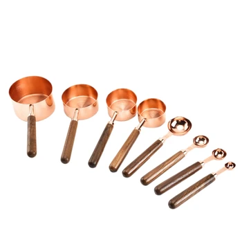 

Household Kitchen Dining Bar Baking Tools Walnut Wooden Handle Copper Plating Measuring Cups Spoon Cake Sugar Tools Set