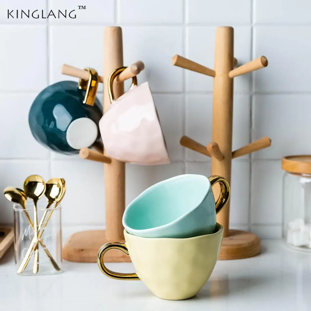 

KINGLANG Nordic Mug Set Ceramic Milk Coffee 4 Cups with 4 Spoons and 1 Rack
