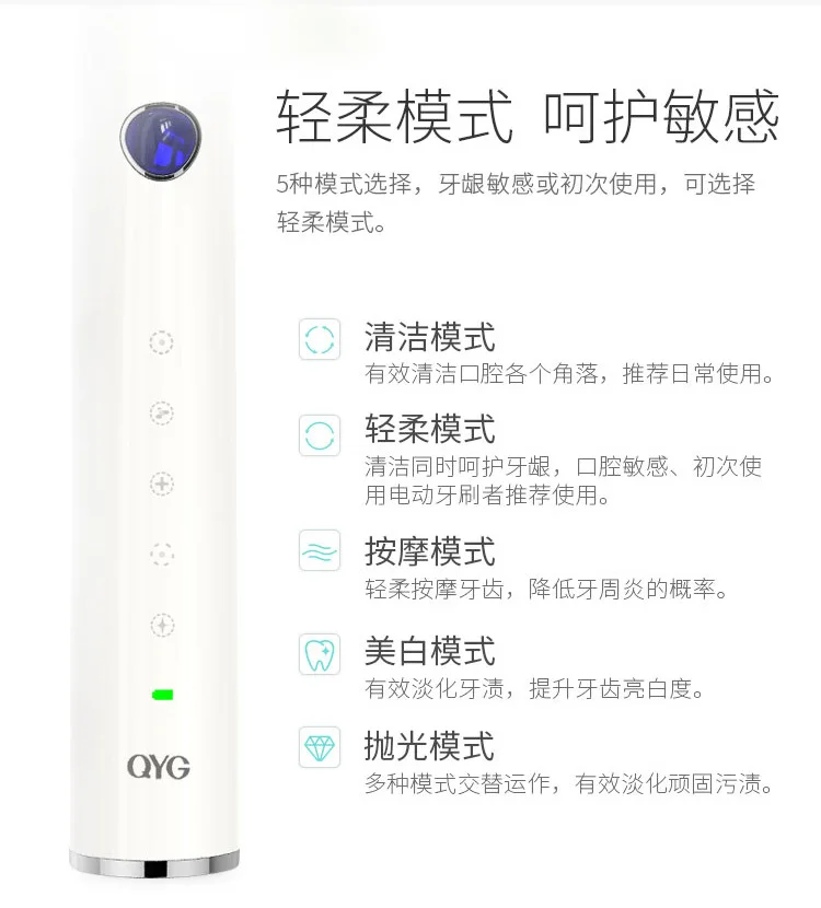 Звуковая электрическая зубная щетка Qyg бренд Smart 5-speed 7 класс Водонепроницаемая фабрика полностью автоматическая звуковая электрическая зубная щетка