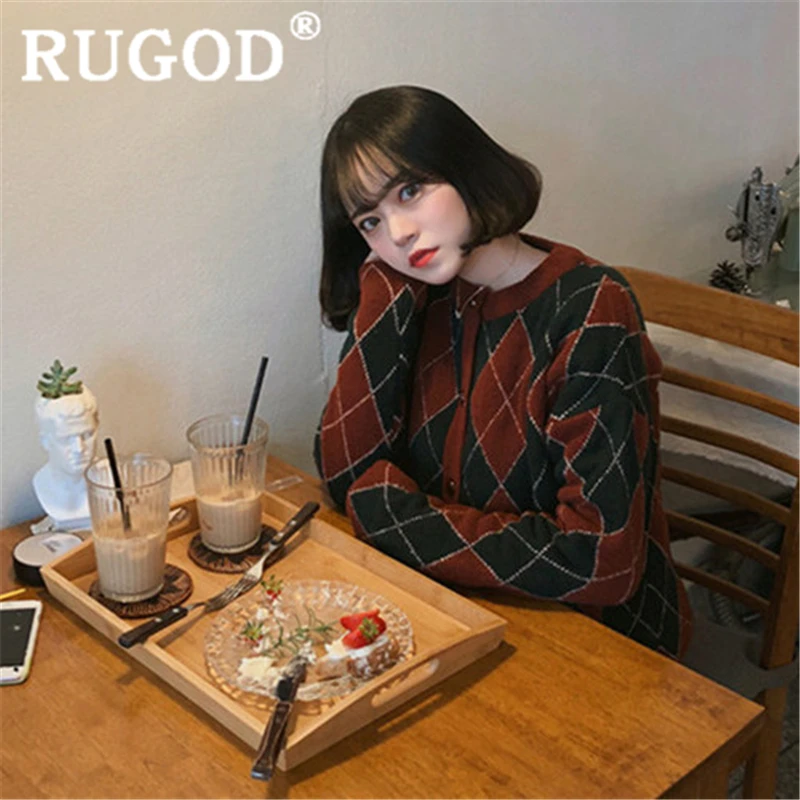 RUGOD New autumn snow sweater cardigan for women red argyle pattern o neck mohair sweater caot fashion femme elegant korean