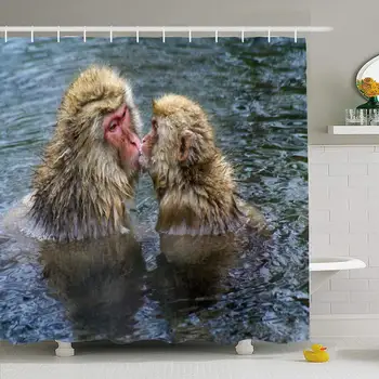 

Shower Curtain Set with Hooks 72x78 Japanese Kissing Freezing Warm Macaques Wild Snow Bathing Winter Onsen Hot Animals Pool