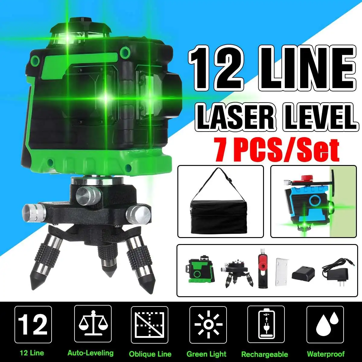 

NEW 7Pcs/Set Laser Level 12 Lines 3D Level Self-Leveling 360 Horizontal And Vertical Cross Green Laser Level With Anti-fall Bag