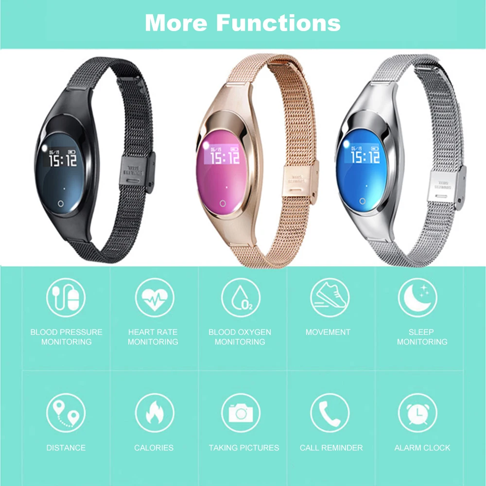 Women's Sports Pedometer Z18 0.49" OLED Screen Metal BT 4.0 Pedometer with Blood Pressure Heart Rate Monitor Sleep Monitoring