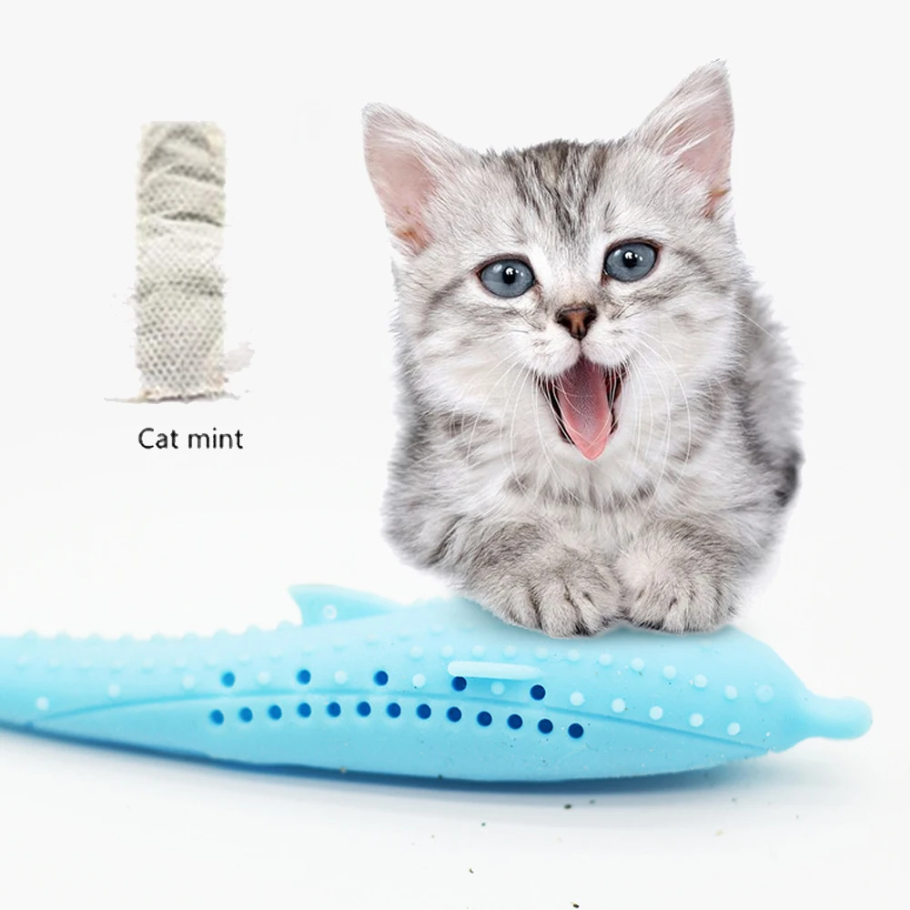 Pet Toy Fish Shape Molar Stick Cat Toy With Catnip Eco-Friendly Silicone Chewing Toy Cats Teeth Cleaning Mouth Toothbrush Toy