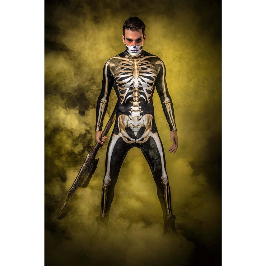 Halloween Cosplay Jumpsuit Gold Skeleton Women Kids Scary Costume Man Fancy Day of The Dead Family Carnival Party Devil