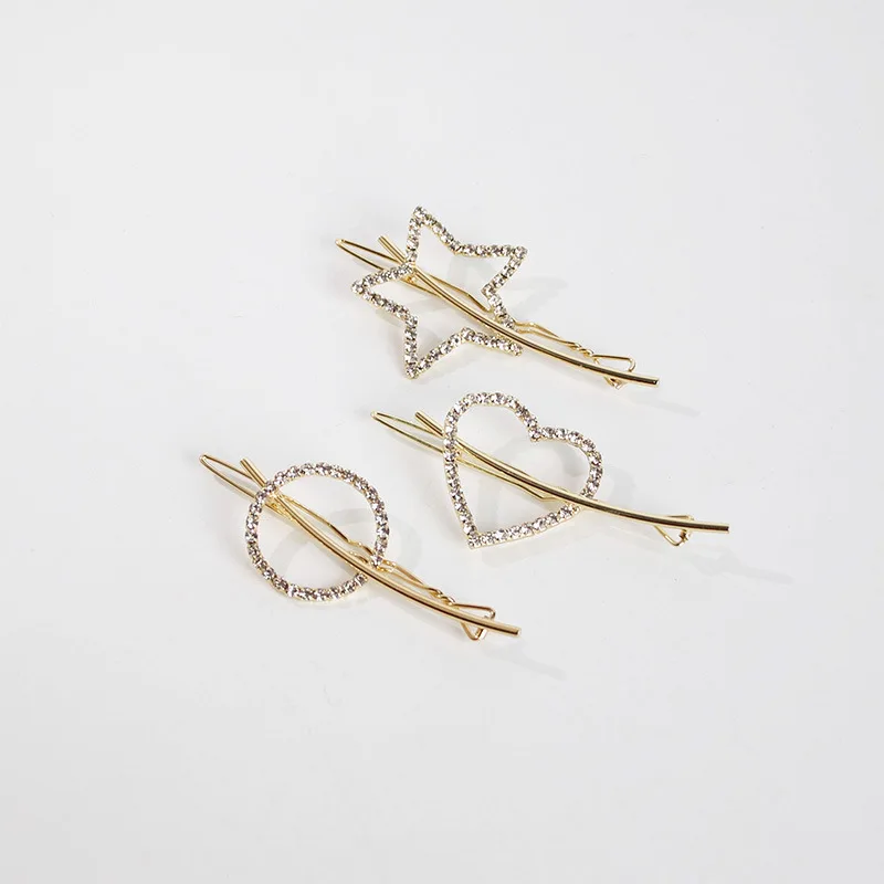 

Metal Europe And America Barrettes Heart Five-pointed Star Circle Man-made Diamond Cross Border Side Clip Barrettes Foreign Trad