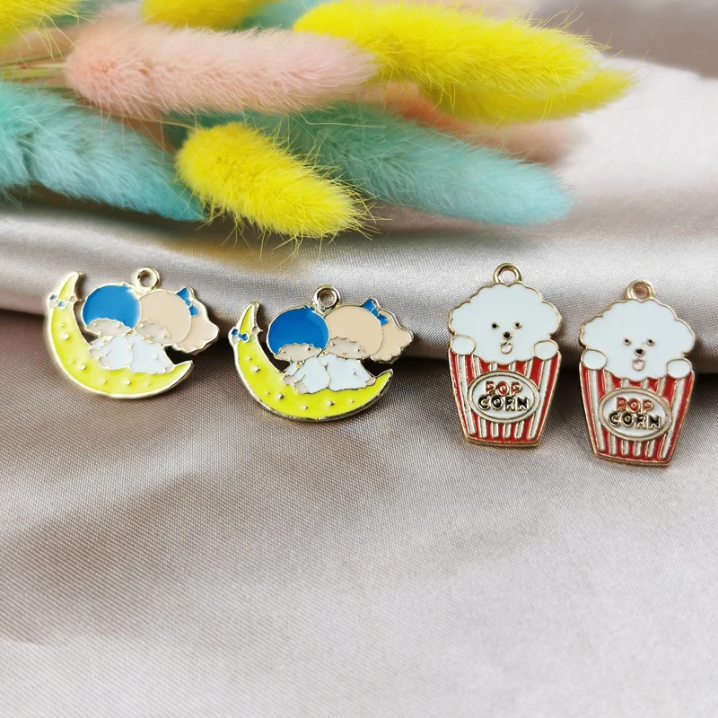 

MuhNa 10pcs Cartoon Girl Boy Sit On Moon Popcorn Dog Enamel Charms Alloy Pendants Fit Bracelet Earring Jewelry DIY Accessory