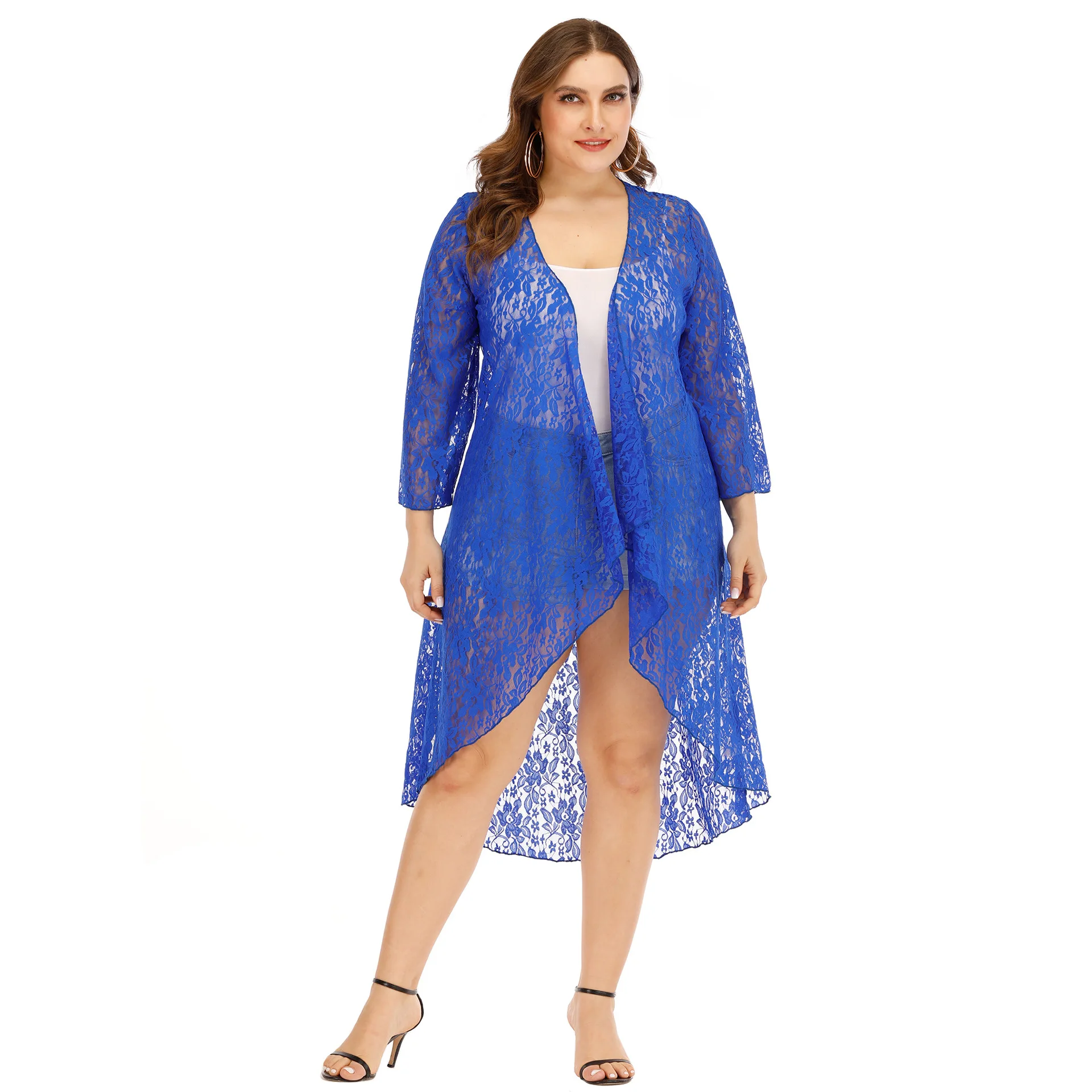 

Large Size Dress Women's Clothing Sexy See Through Lace Irregular Nine Length Sleeve Sun Protection Cardigan Beach Bikini Blouse