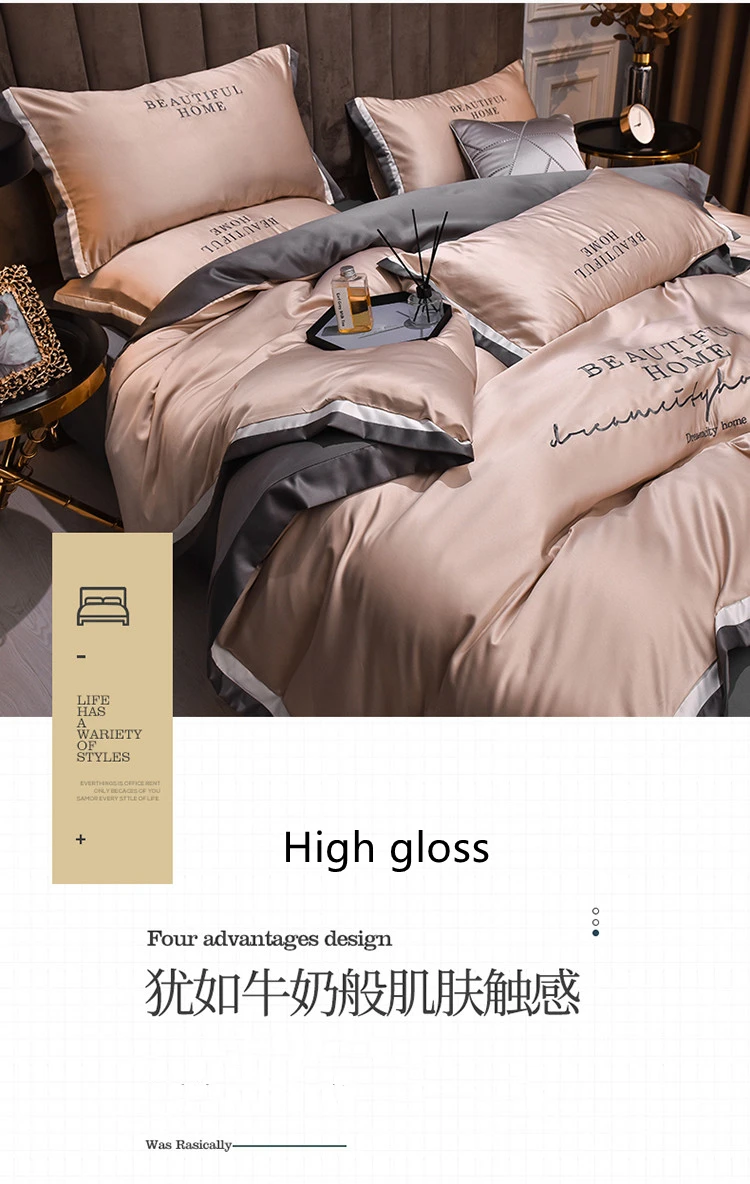 Luxury Bedding Sets Pink Grey White Rayon Embroidery Sheet Quilt Pillowcase Comfortable Soft Fluffy Bedding King Queen 4pcs