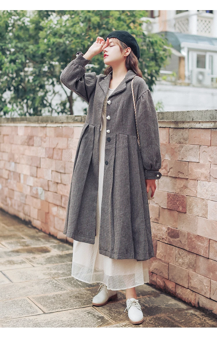 Японский Мори девушка осень зима Женское шерстяное пальто отложной воротник плед Плиссированное длинное пальто толстый теплый твид винтажная куртка